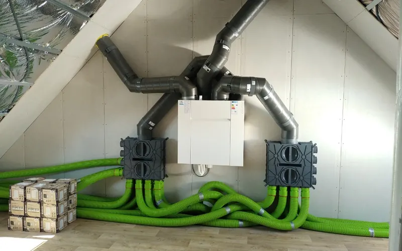 Caisson double flux et réseau de gaines installés dans les combles.